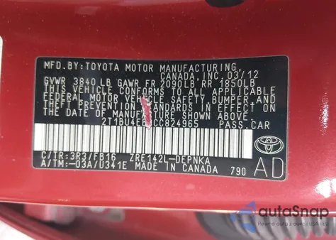 2012 Toyota Corolla Le из США, поврежденный, VIN 2T1BU4EE3CC824965